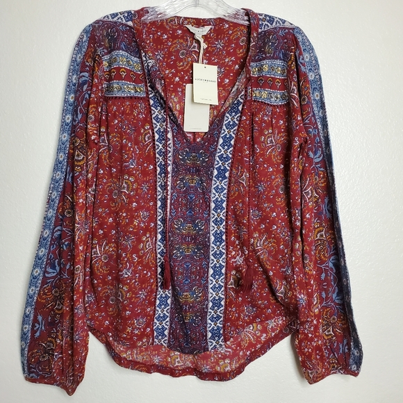 Lucky Brand Tops - Lucky Brand Beaded Peasant Top Red Multi Size XS